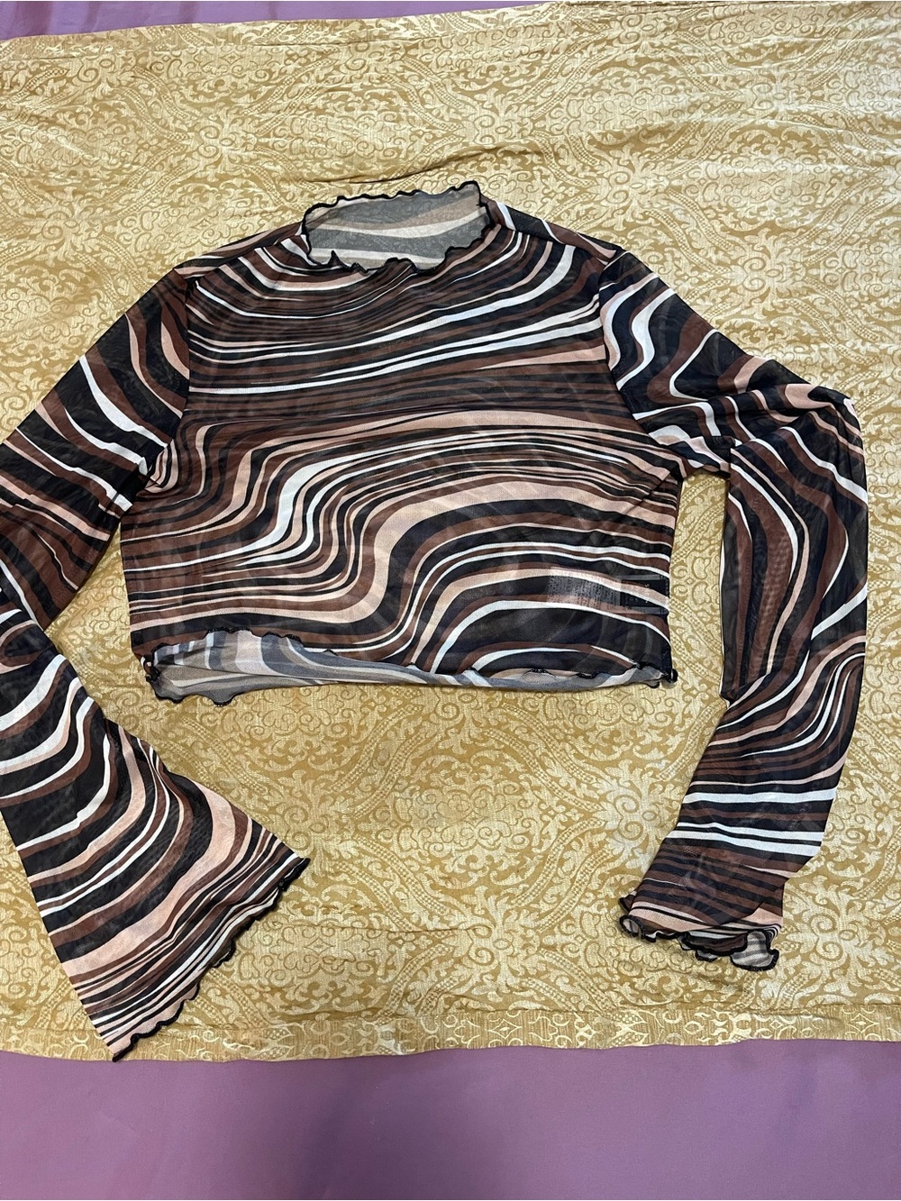 SHEIN Brown & Black Wavy Stripe Mesh Long Sleeve Crop Top